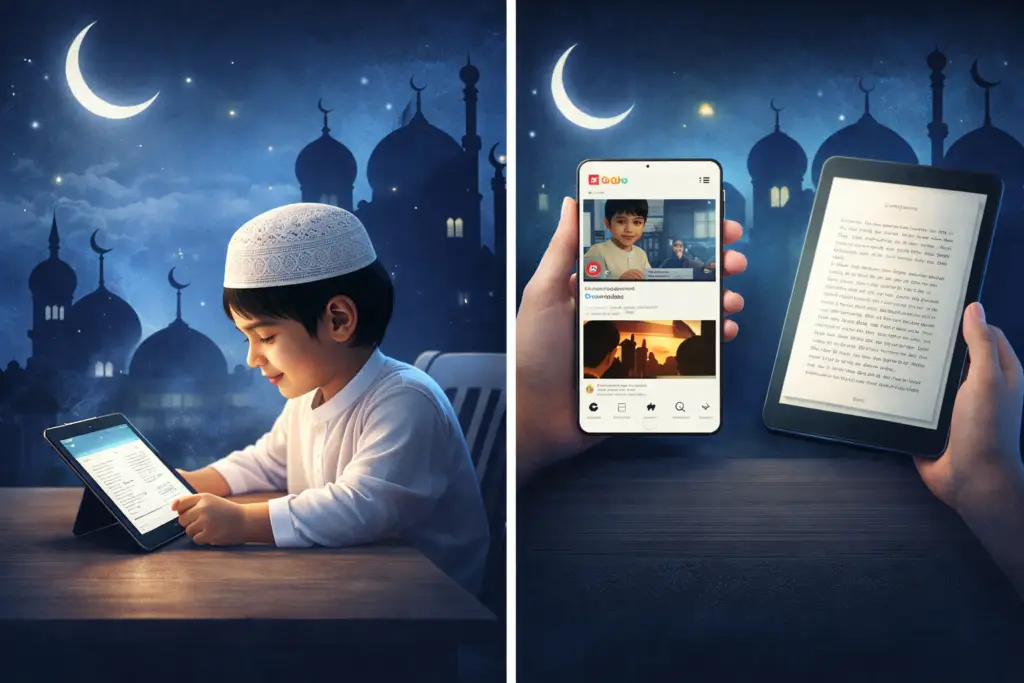 Muslim child reading an online book on a tablet during Ramadan night