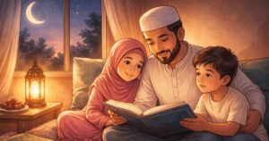 Muslim parent reading Ramadan storybook with children.