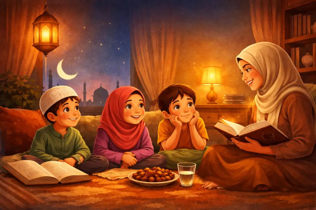 Muslim mother reading Islamic storybook to children at home after Ramadan