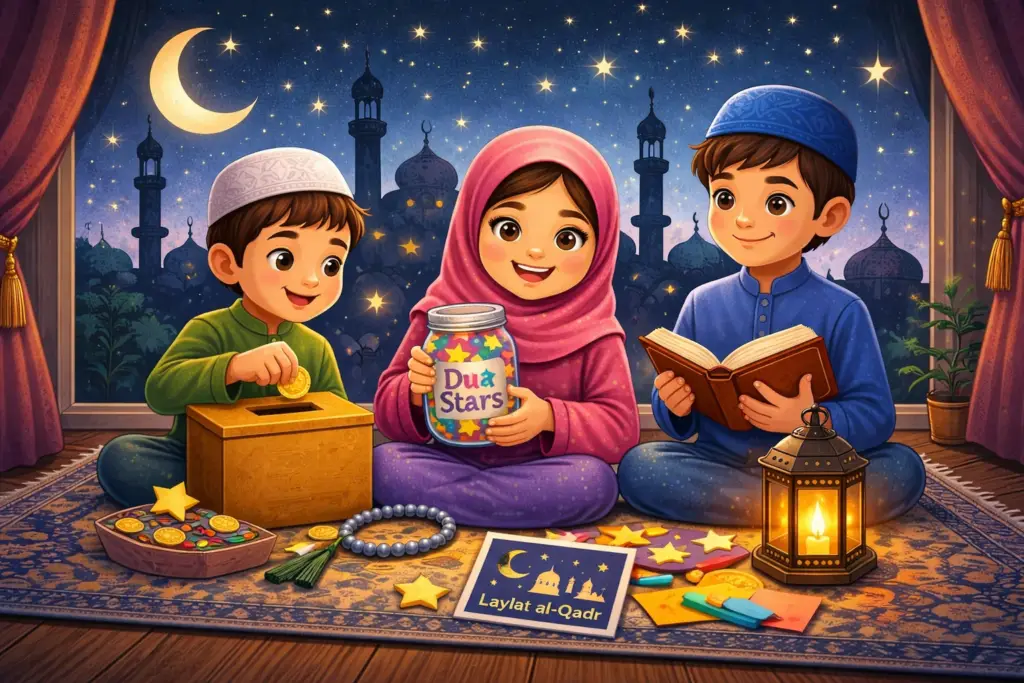 Children learning about Laylatul Qadr through Ramadan activities and family prayer