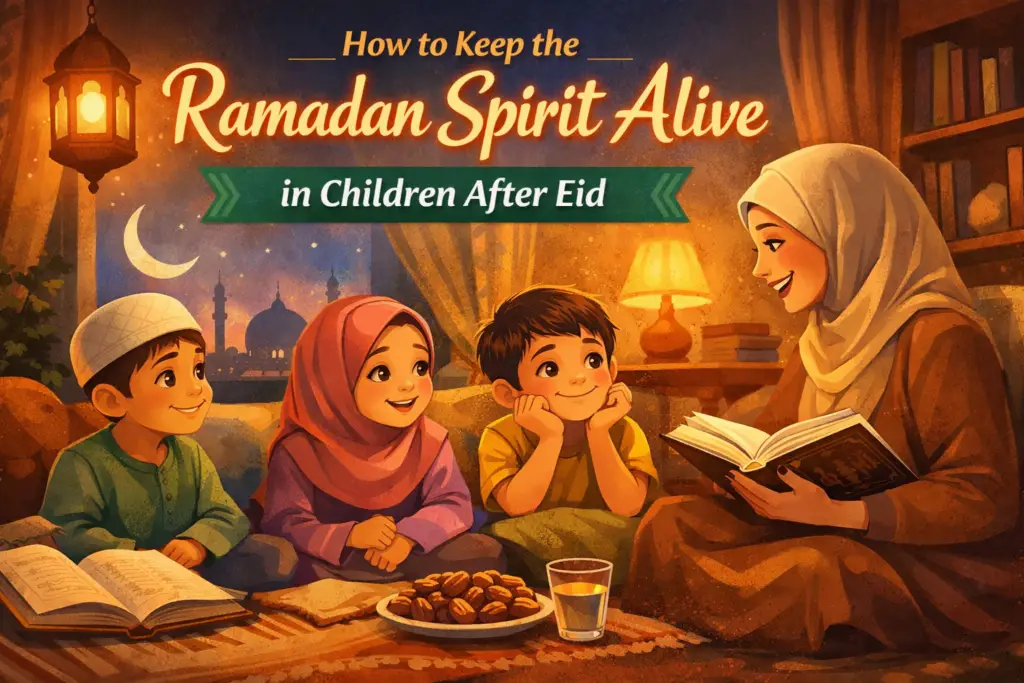 Muslim mother reading Islamic storybook to children at home after Ramadan