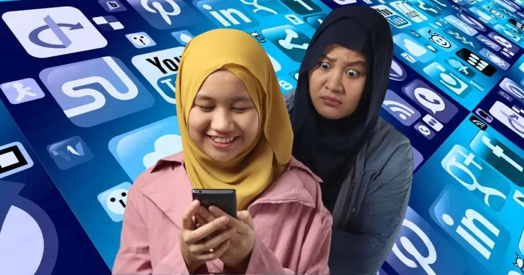 Muslim teen girl using a smartphone while her mother observes with concern about online content