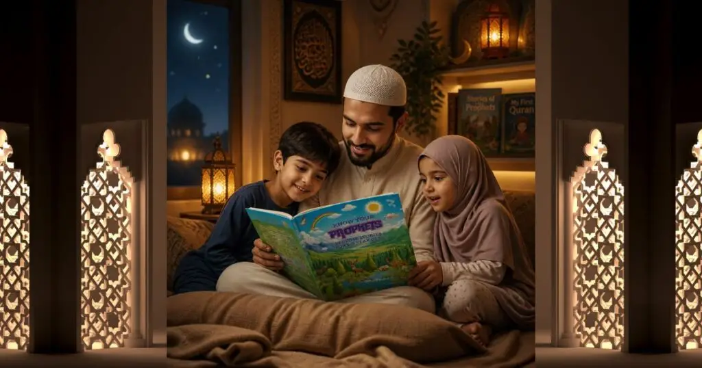 Muslim parent reading stories of the Prophets to children at bedtime