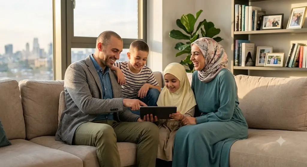 A Muslim father, mother wearing a hijab, and two young children sharing a joyful moment on a sofa in a bright, contemporary apartment.