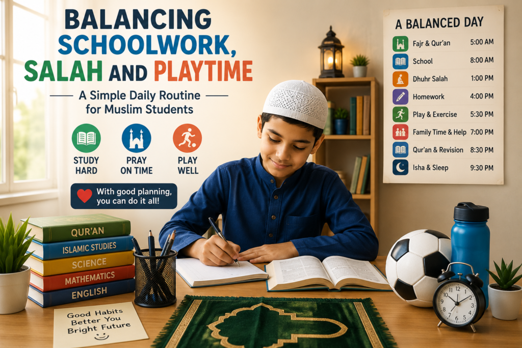 A Muslim student balancing schoolwork, Salah and playtime.