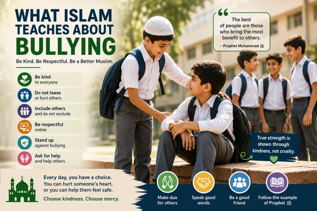 Muslim student showing kindness to a classmate experiencing exclusion.