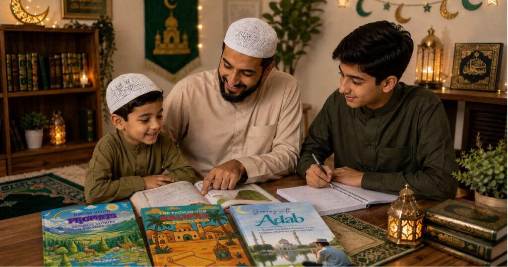 Muslim father with two boys reading Islamic books at home.