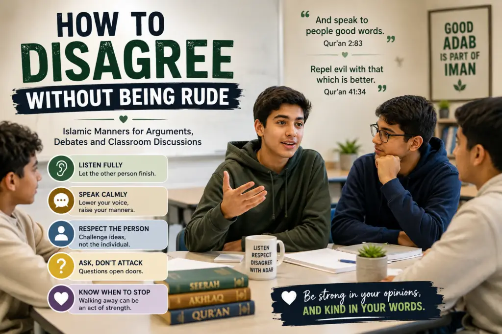 Muslim teenagers having a respectful classroom discussion and listening to different opinions