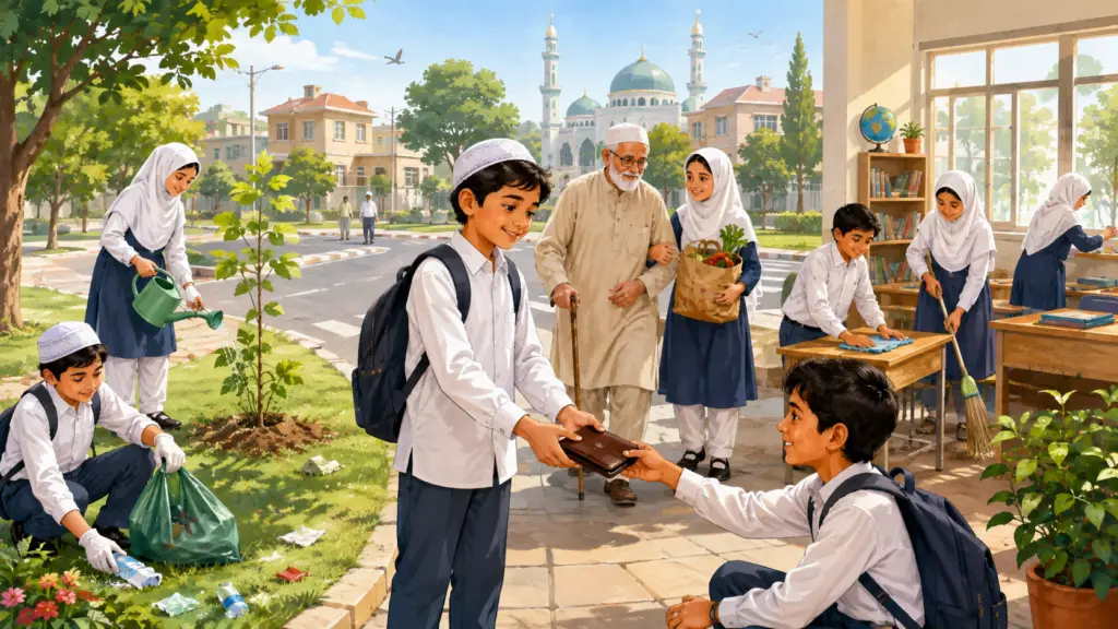 Muslim students learning about honesty, service and responsible citizenship in Islam
